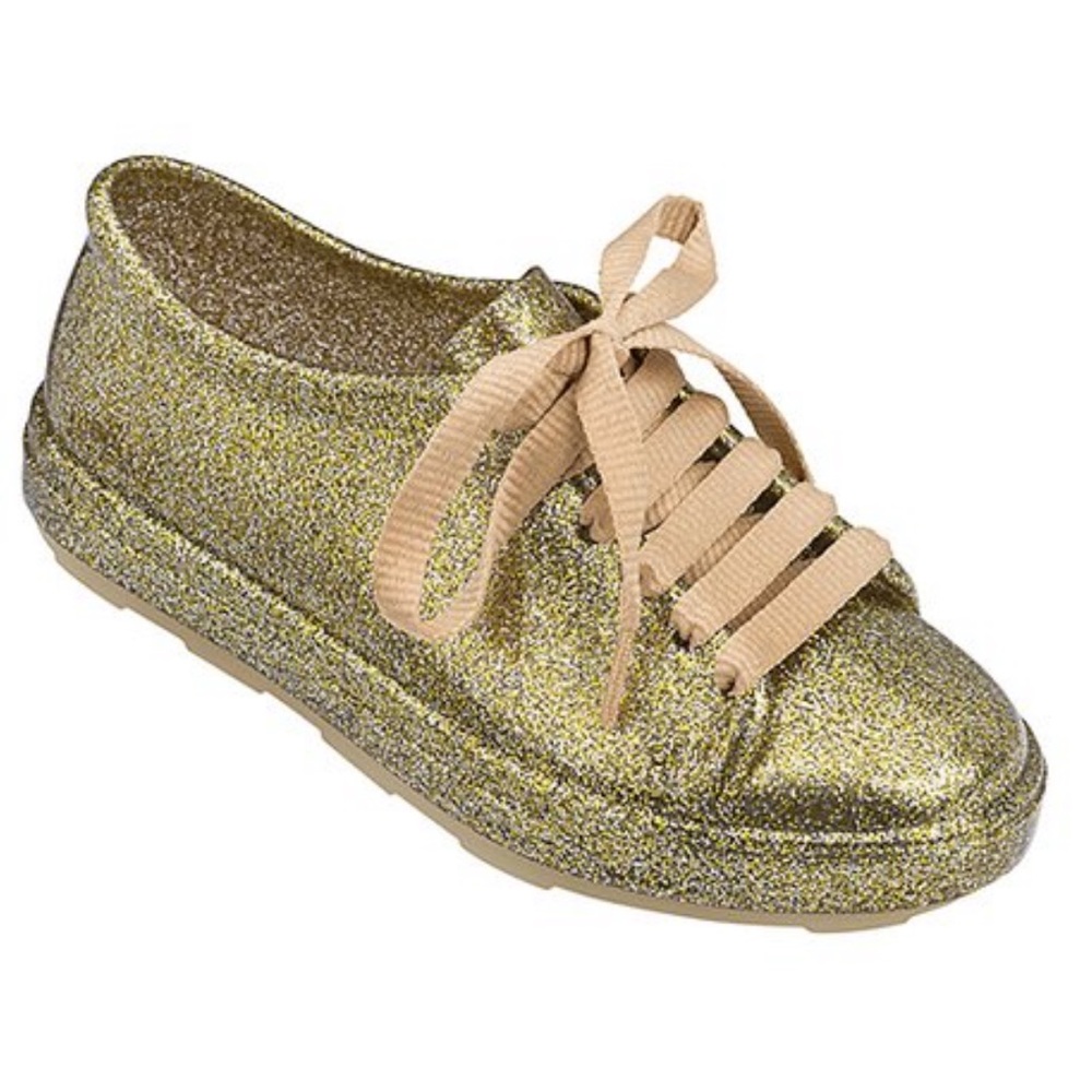 Melissa Mel Be Kid's Gold Glitter Lace-Up Sneakers, Size 1, NIB